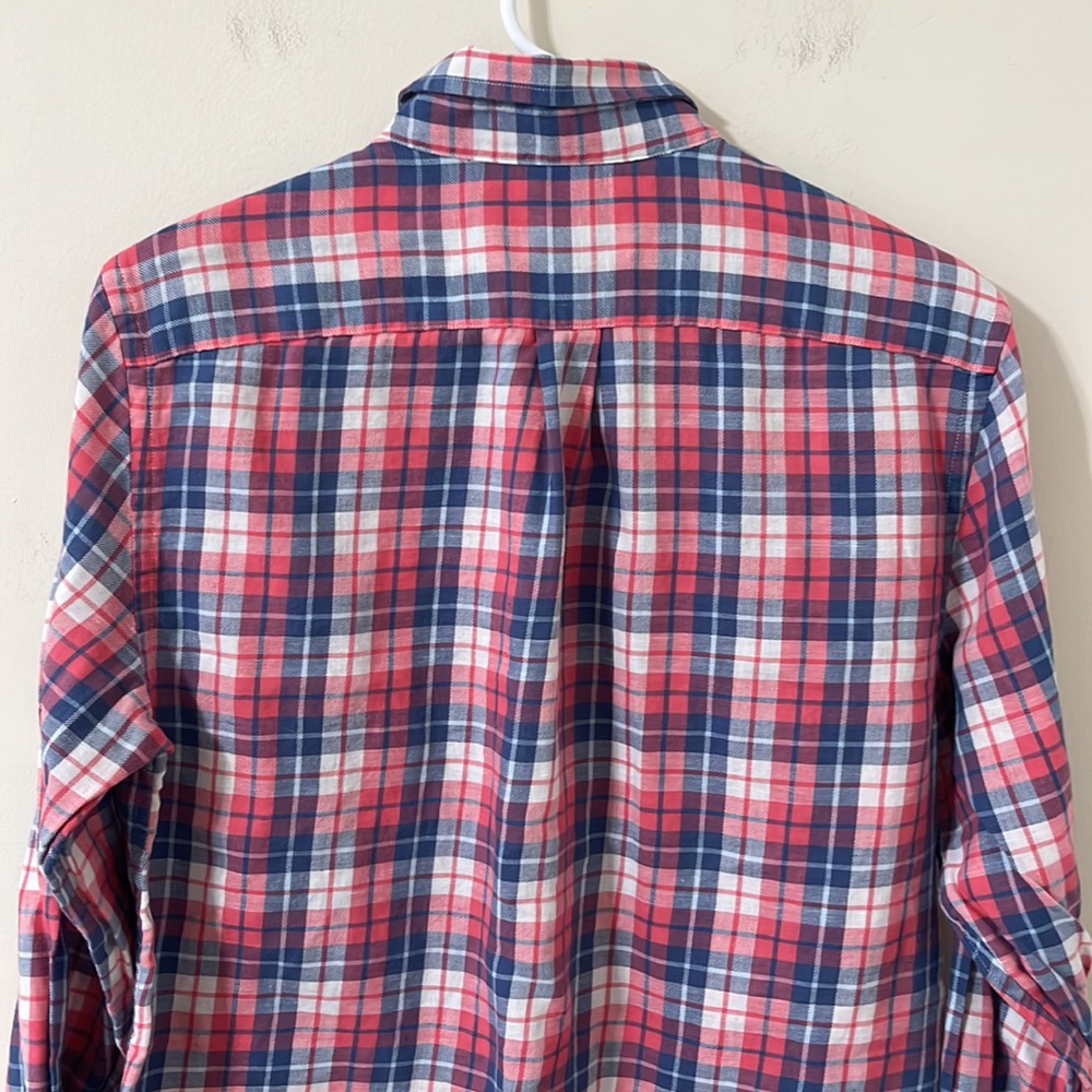 Vineyard Vines Boy’s Linen Blend Red White Blue Plaid Button Down Whale Shirt XL - Picture 9 of 11